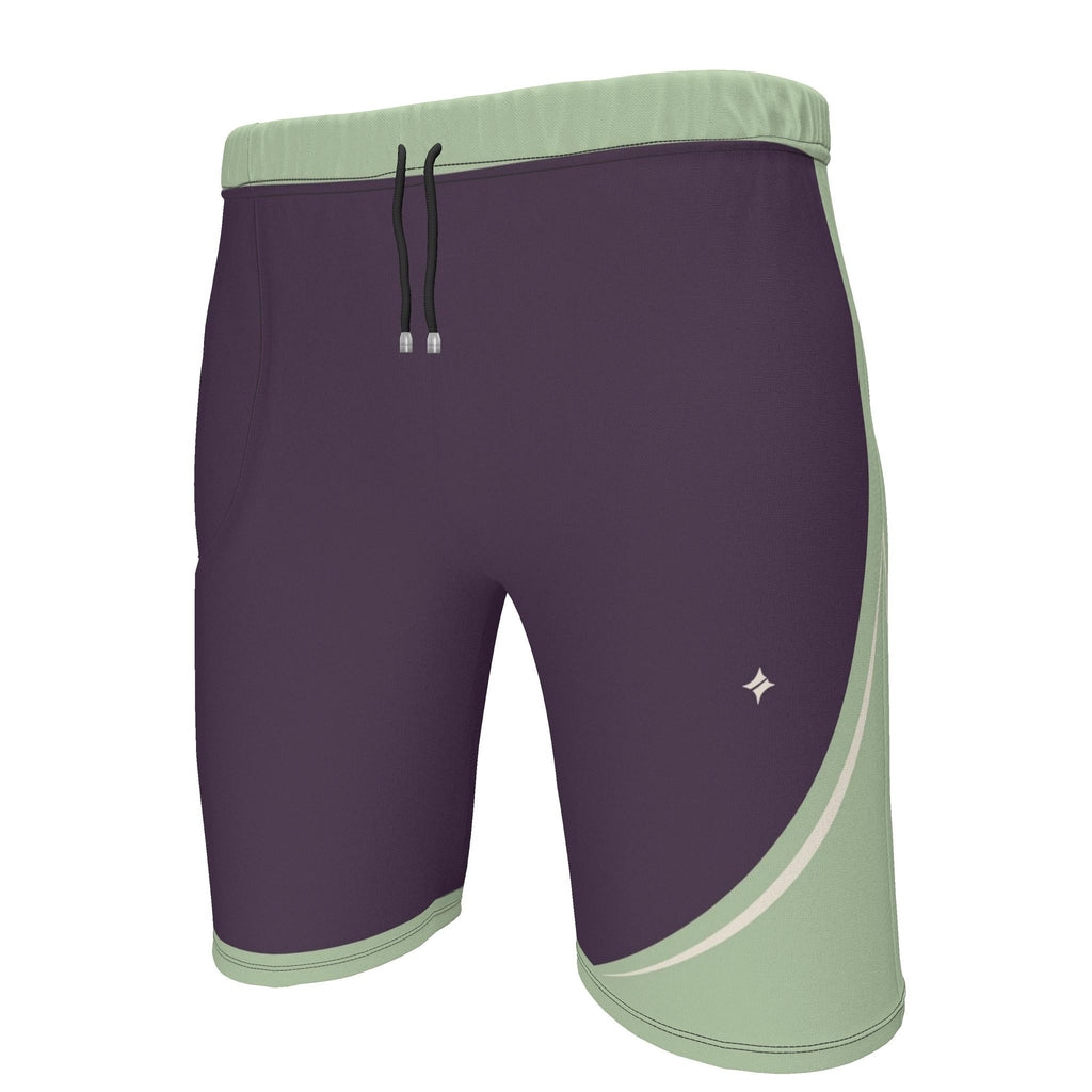 UNIKCOSA Aubergine Sage Arc men's Ponte Jersey shorts in aubergine, sage green and ivory — original garment preview 2