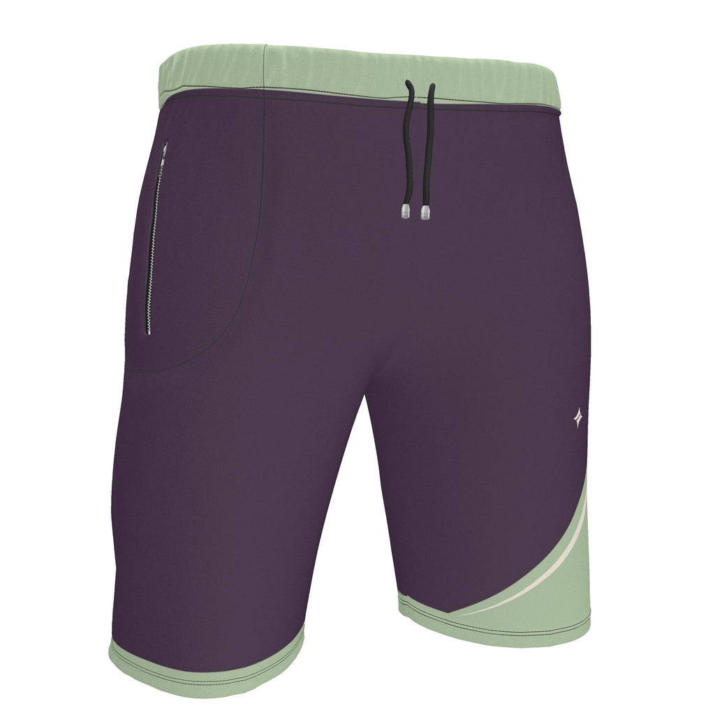 UNIKCOSA Aubergine Sage Arc men's Ponte Jersey shorts in aubergine, sage green and ivory — original garment preview 3
