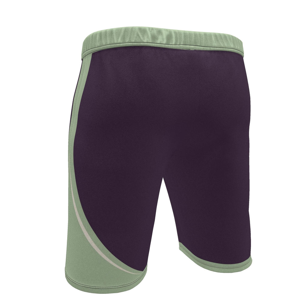UNIKCOSA Aubergine Sage Arc men's Ponte Jersey shorts in aubergine, sage green and ivory — original garment preview 4