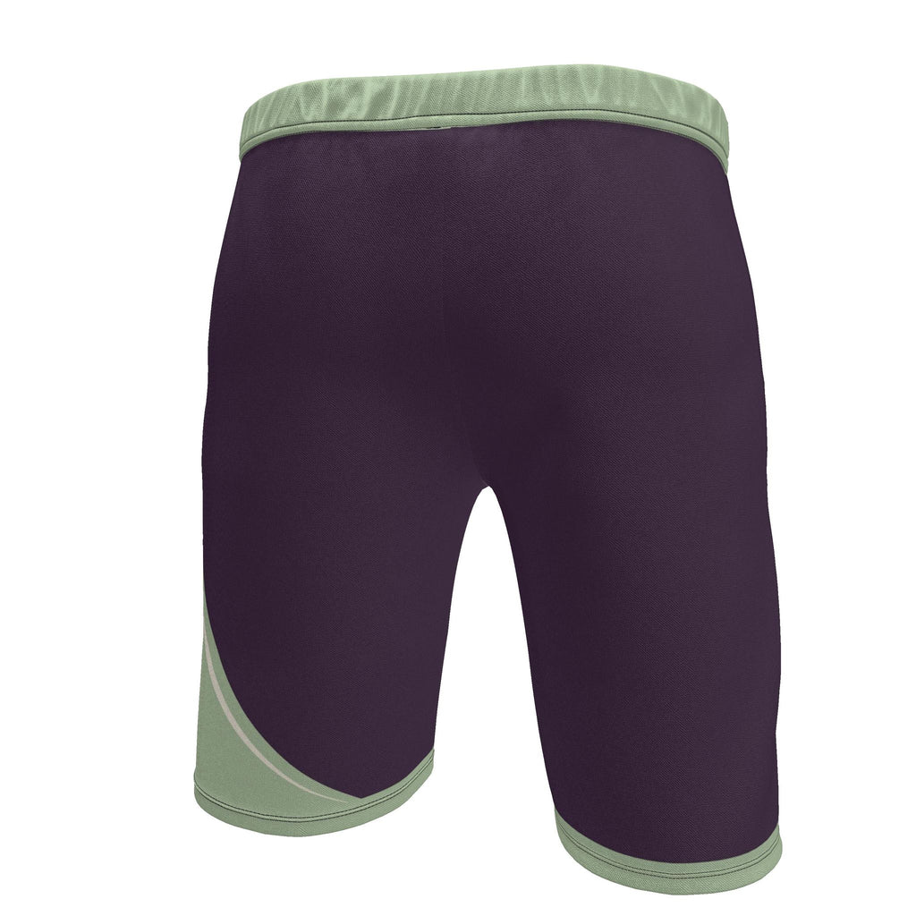 UNIKCOSA Aubergine Sage Arc men's Ponte Jersey shorts in aubergine, sage green and ivory — original garment preview 5