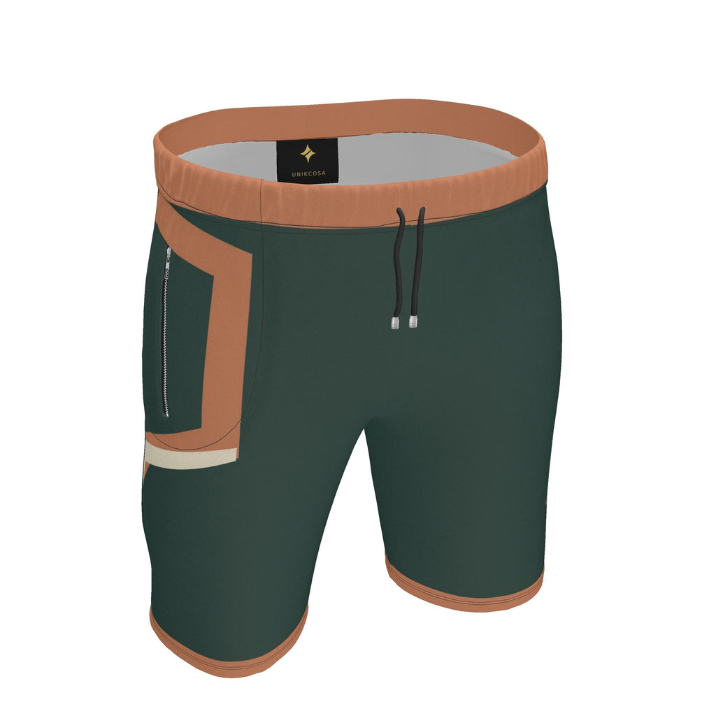 UNIKCOSA Forest Clay Frame men's Ponte Jersey shorts in forest green, clay orange and ivory — original garment preview 1