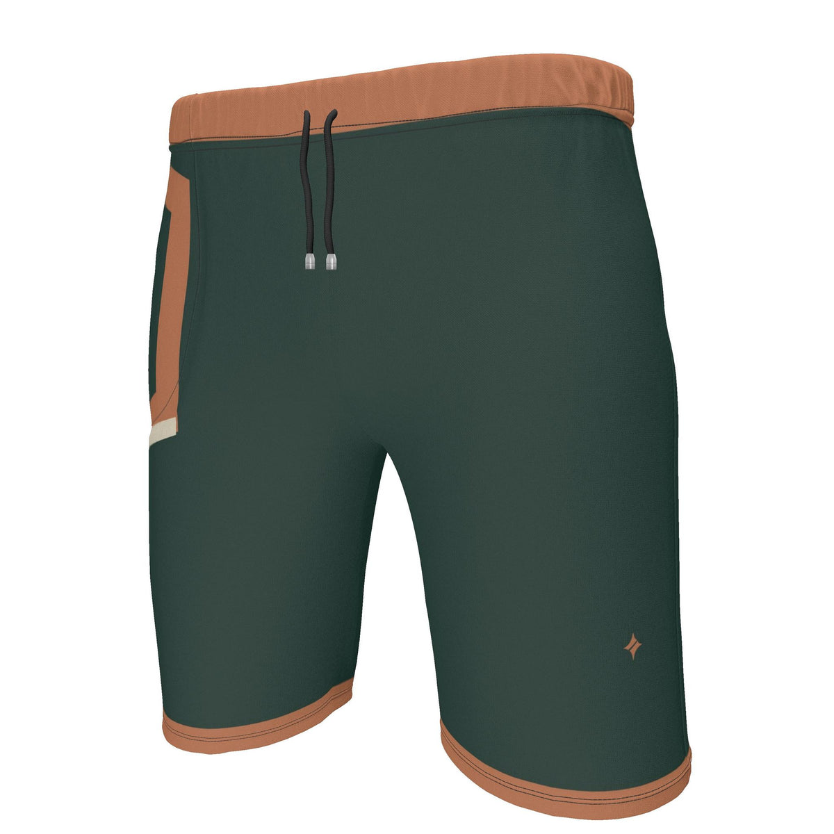 UNIKCOSA Forest Clay Frame men's Ponte Jersey shorts in forest green, clay orange and ivory — original garment preview 2