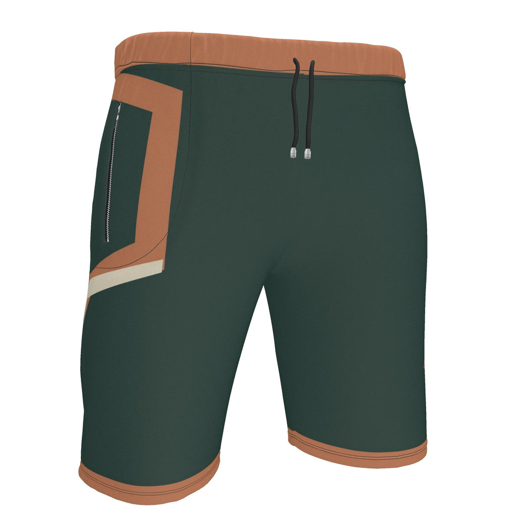 UNIKCOSA Forest Clay Frame men's Ponte Jersey shorts in forest green, clay orange and ivory — original garment preview 3