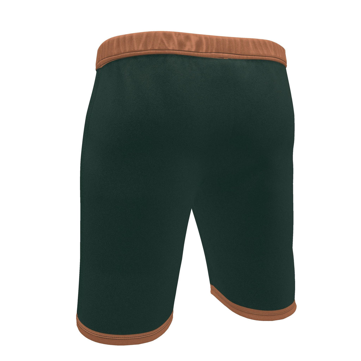 UNIKCOSA Forest Clay Frame men's Ponte Jersey shorts in forest green, clay orange and ivory — original garment preview 4