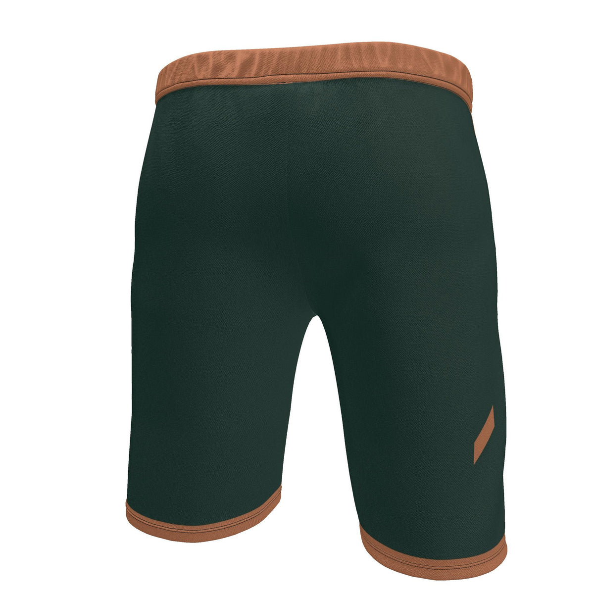 UNIKCOSA Forest Clay Frame men's Ponte Jersey shorts in forest green, clay orange and ivory — original garment preview 5