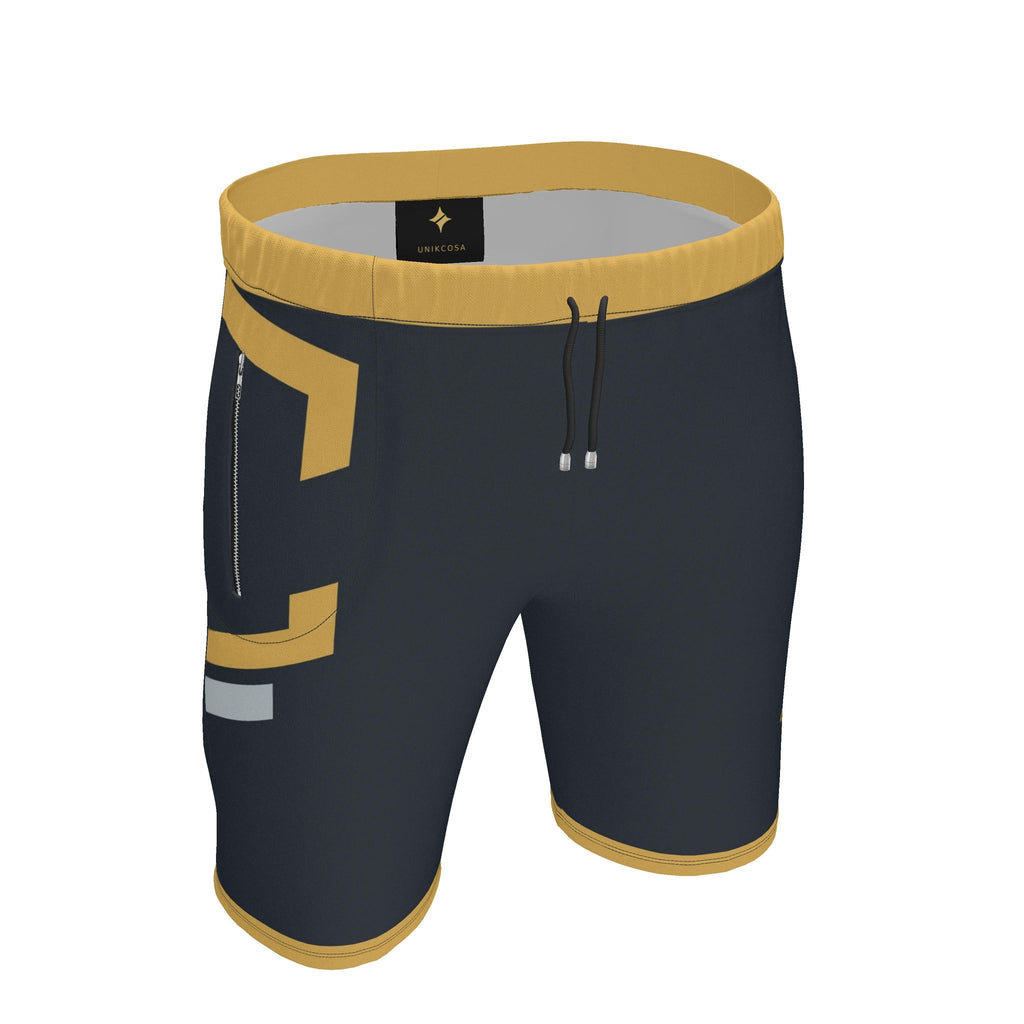 UNIKCOSA Midnight Saffron Frame men's Ponte Jersey shorts in midnight navy, saffron and stone grey — original garment preview 1