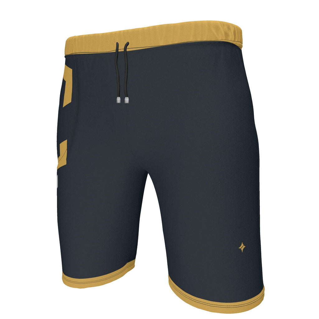 UNIKCOSA Midnight Saffron Frame men's Ponte Jersey shorts in midnight navy, saffron and stone grey — original garment preview 2