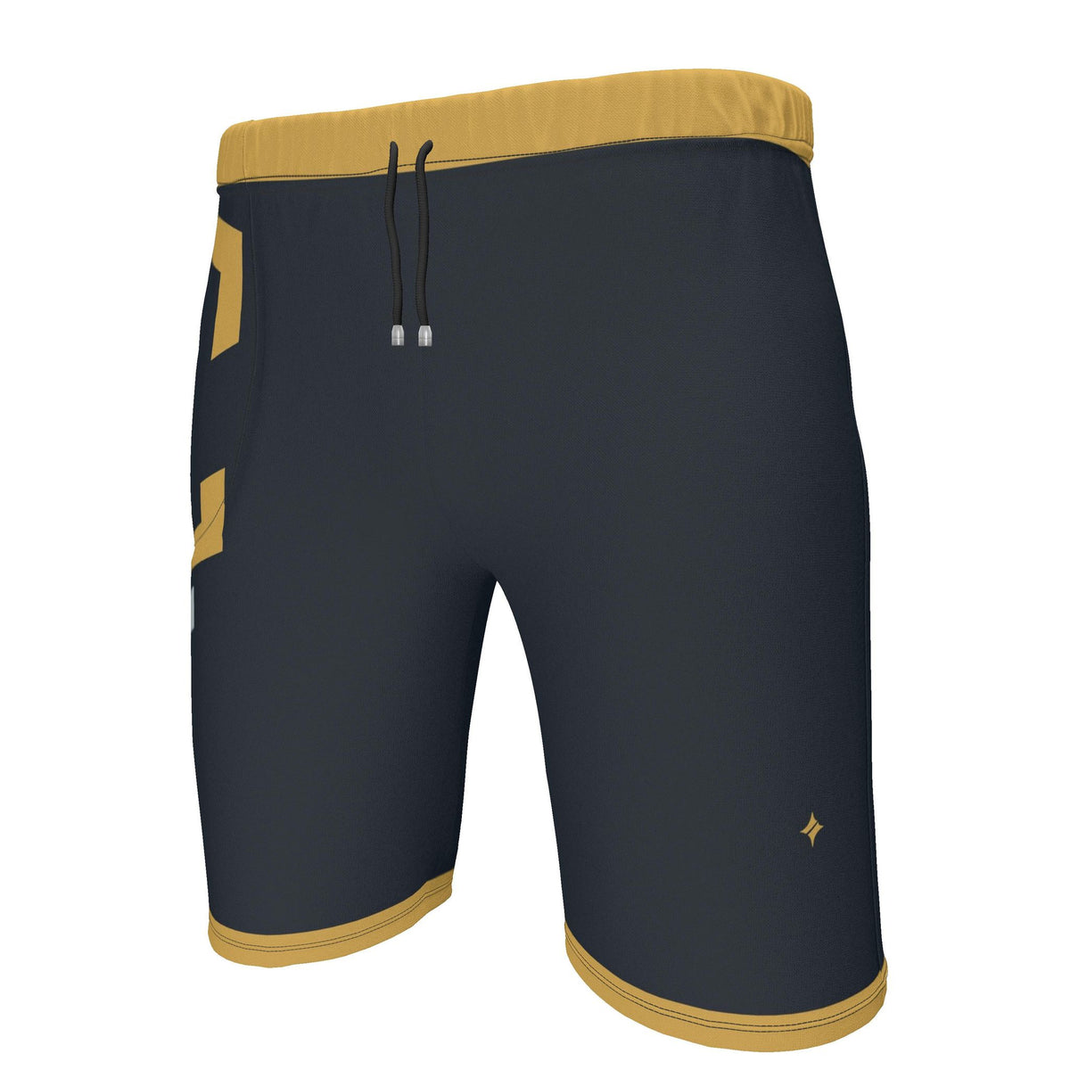UNIKCOSA Midnight Saffron Frame men's Ponte Jersey shorts in midnight navy, saffron and stone grey — original garment preview 2