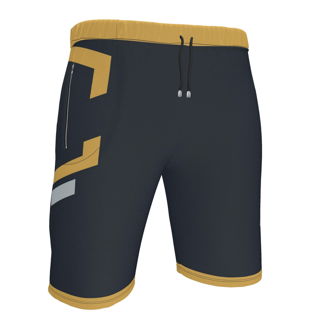 UNIKCOSA Midnight Saffron Frame men's Ponte Jersey shorts in midnight navy, saffron and stone grey — original garment preview 3