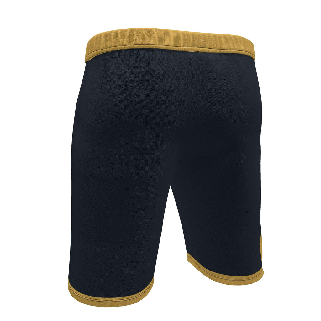 UNIKCOSA Midnight Saffron Frame men's Ponte Jersey shorts in midnight navy, saffron and stone grey — original garment preview 4