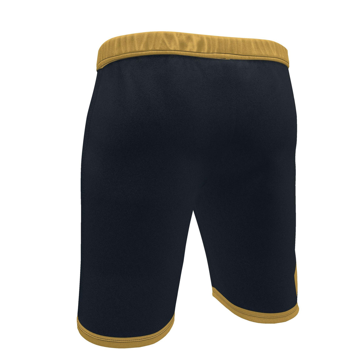 UNIKCOSA Midnight Saffron Frame men's Ponte Jersey shorts in midnight navy, saffron and stone grey — original garment preview 4