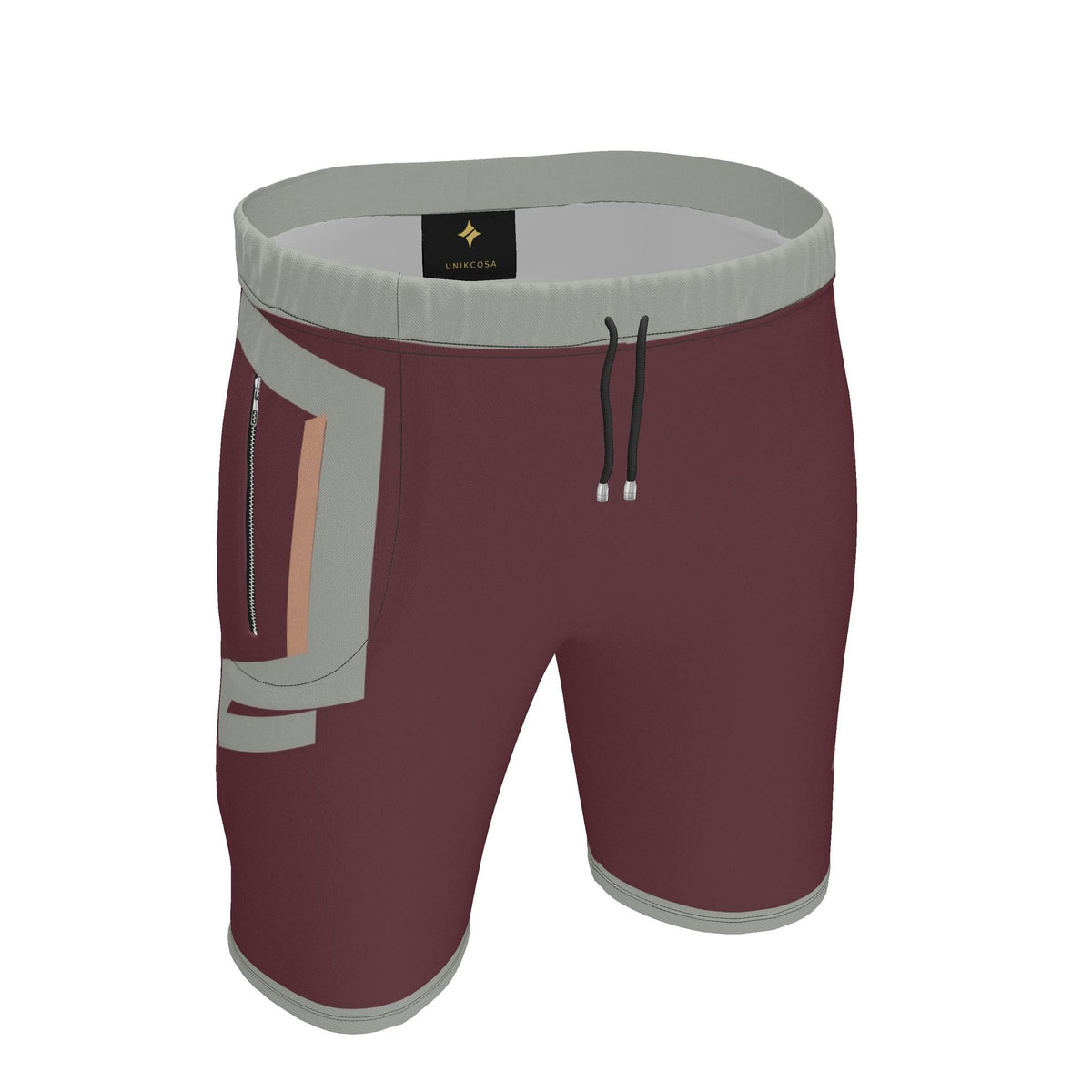 UNIKCOSA Burgundy Stone Frame men's Ponte Jersey shorts in burgundy, stone grey and peach — original garment preview 1