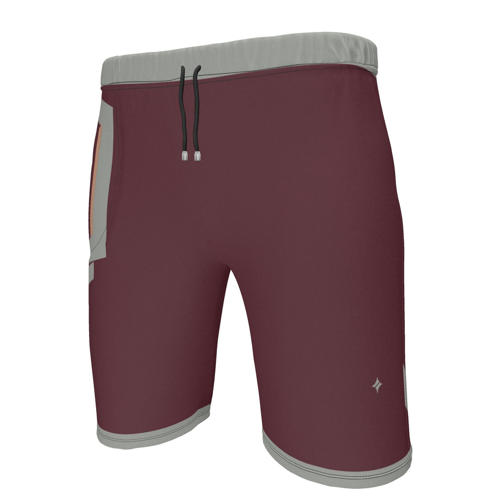 UNIKCOSA Burgundy Stone Frame men's Ponte Jersey shorts in burgundy, stone grey and peach — original garment preview 2