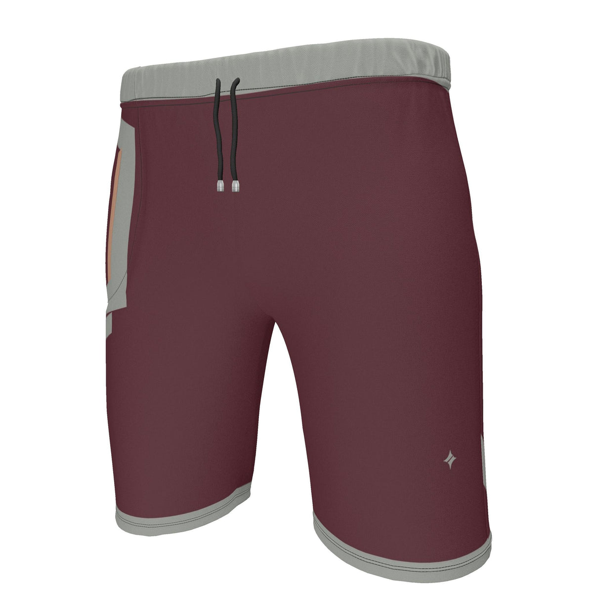 UNIKCOSA Burgundy Stone Frame men's Ponte Jersey shorts in burgundy, stone grey and peach — original garment preview 2
