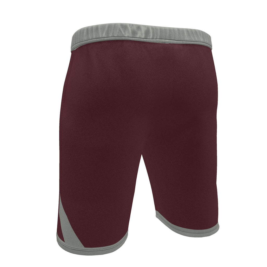 UNIKCOSA Burgundy Stone Frame men's Ponte Jersey shorts in burgundy, stone grey and peach — original garment preview 4