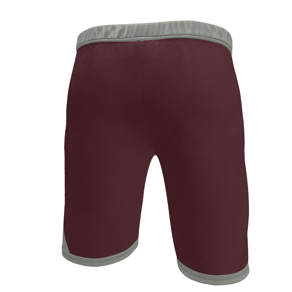 UNIKCOSA Burgundy Stone Frame men's Ponte Jersey shorts in burgundy, stone grey and peach — original garment preview 5