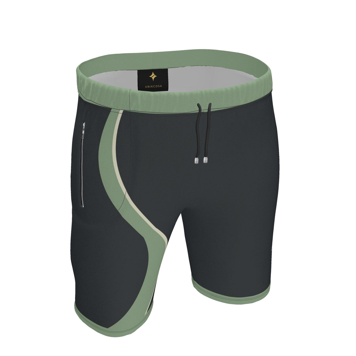 UNIKCOSA Graphite Sage Stream men's Ponte Jersey shorts in graphite grey, sage green and ivory — original garment preview 1