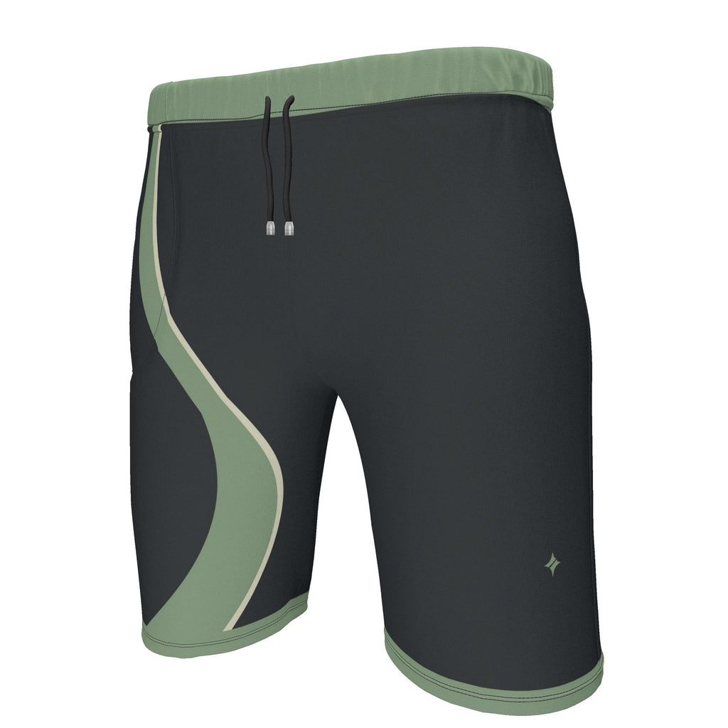 UNIKCOSA Graphite Sage Stream men's Ponte Jersey shorts in graphite grey, sage green and ivory — original garment preview 2