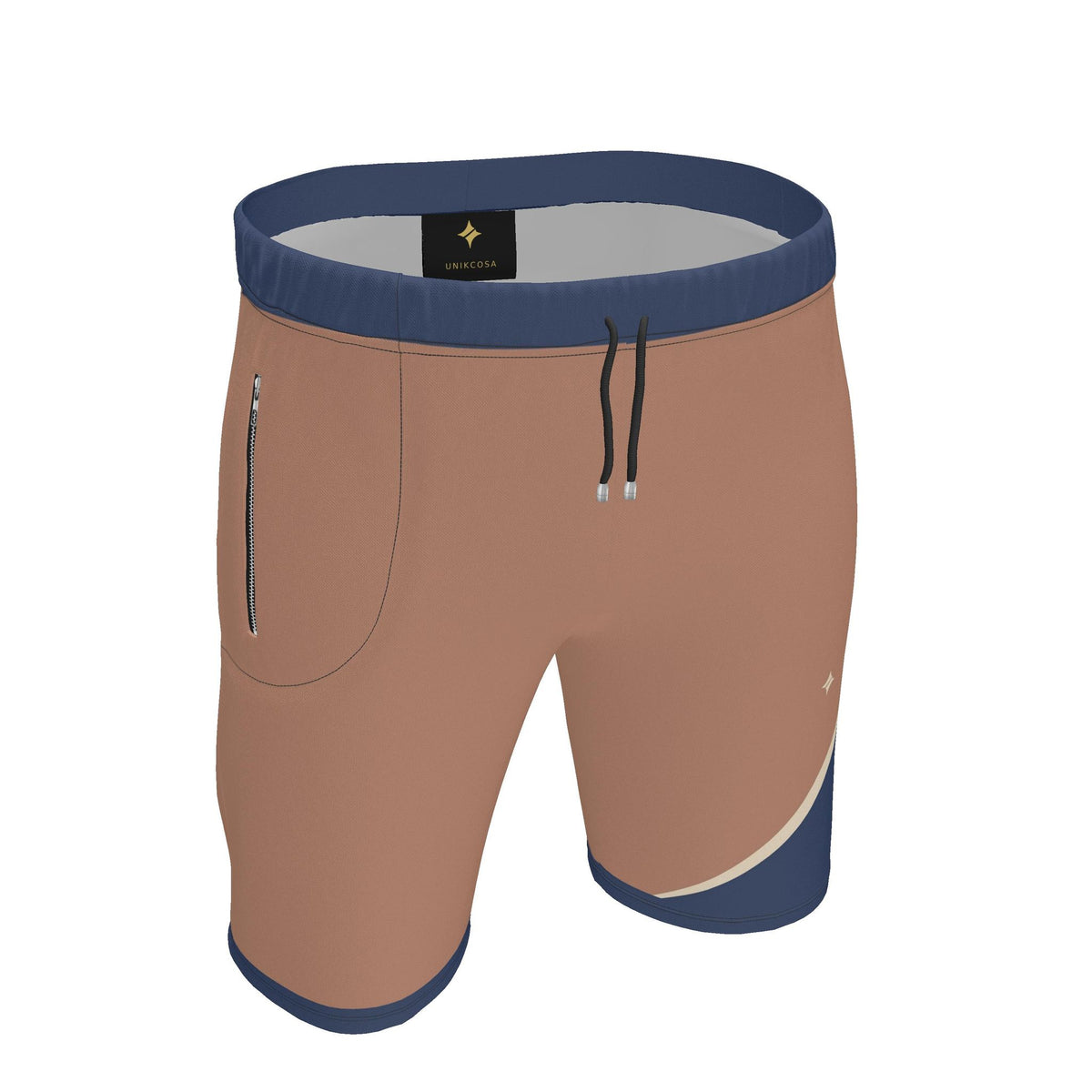 UNIKCOSA Terracotta Indigo Arc men's Ponte Jersey shorts in terracotta, indigo and ivory — original garment preview 1
