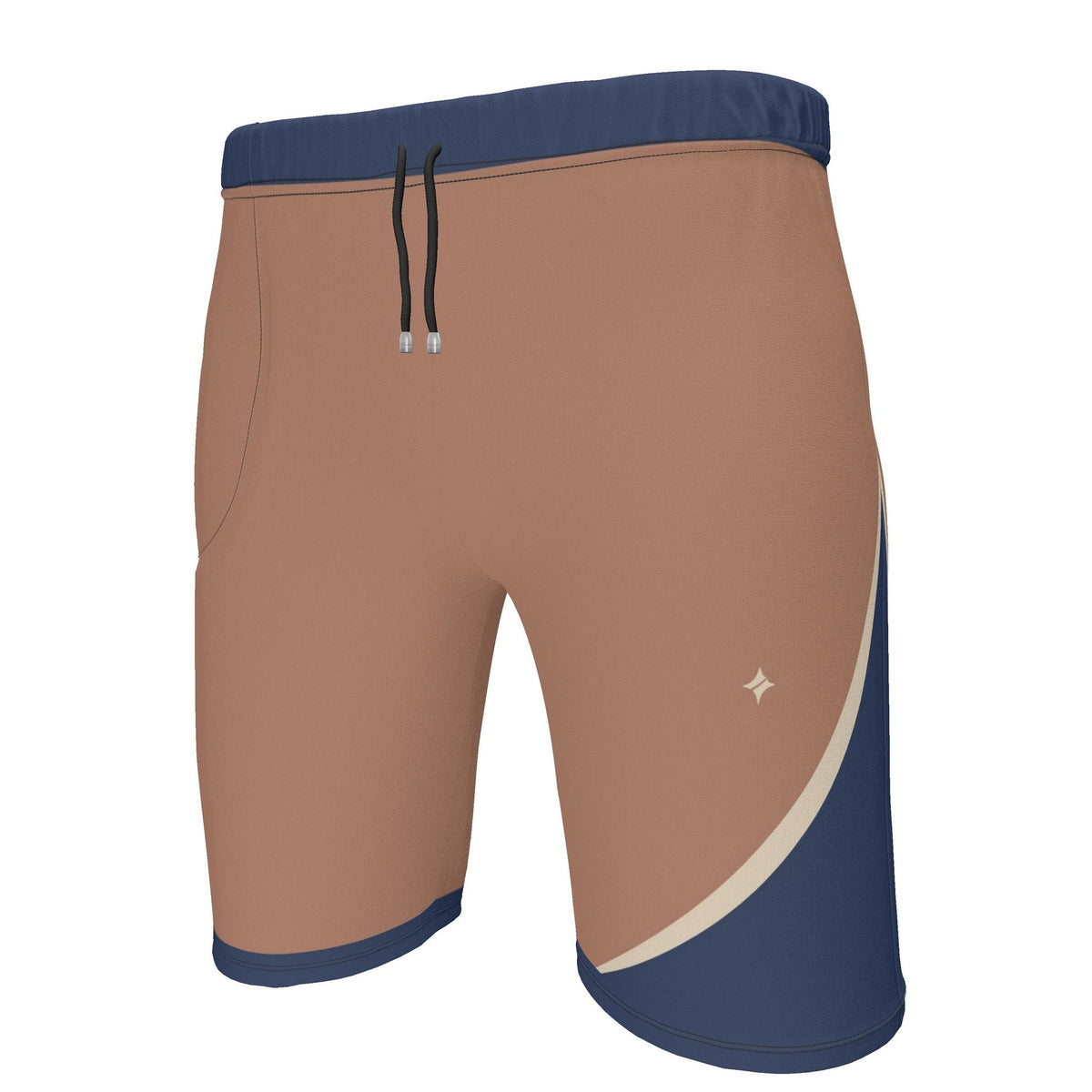UNIKCOSA Terracotta Indigo Arc men's Ponte Jersey shorts in terracotta, indigo and ivory — original garment preview 2