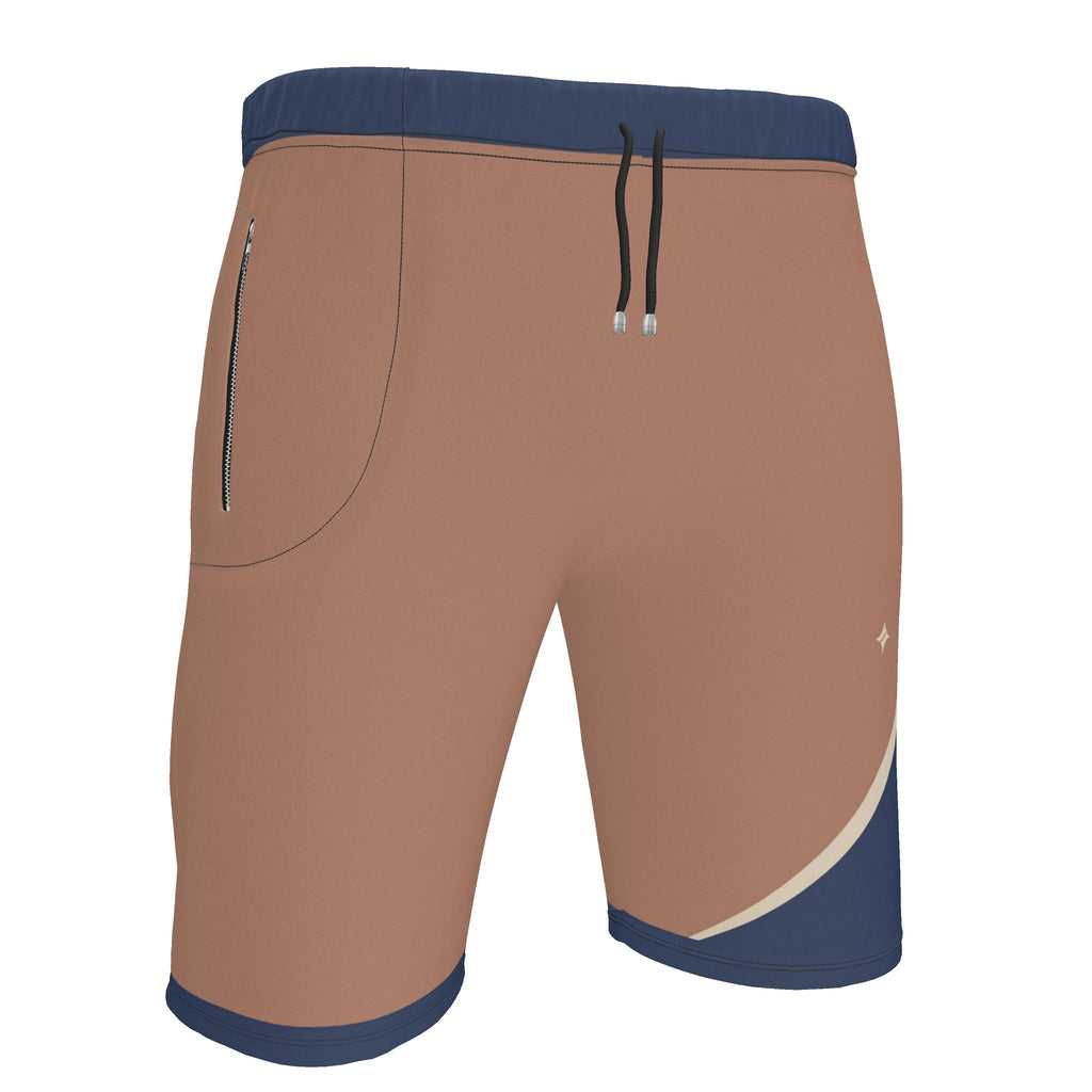 UNIKCOSA Terracotta Indigo Arc men's Ponte Jersey shorts in terracotta, indigo and ivory — original garment preview 3