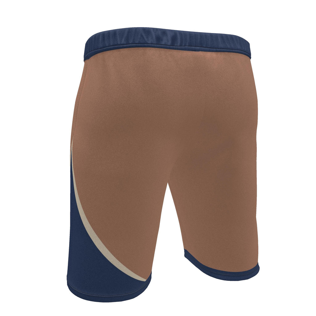 UNIKCOSA Terracotta Indigo Arc men's Ponte Jersey shorts in terracotta, indigo and ivory — original garment preview 4