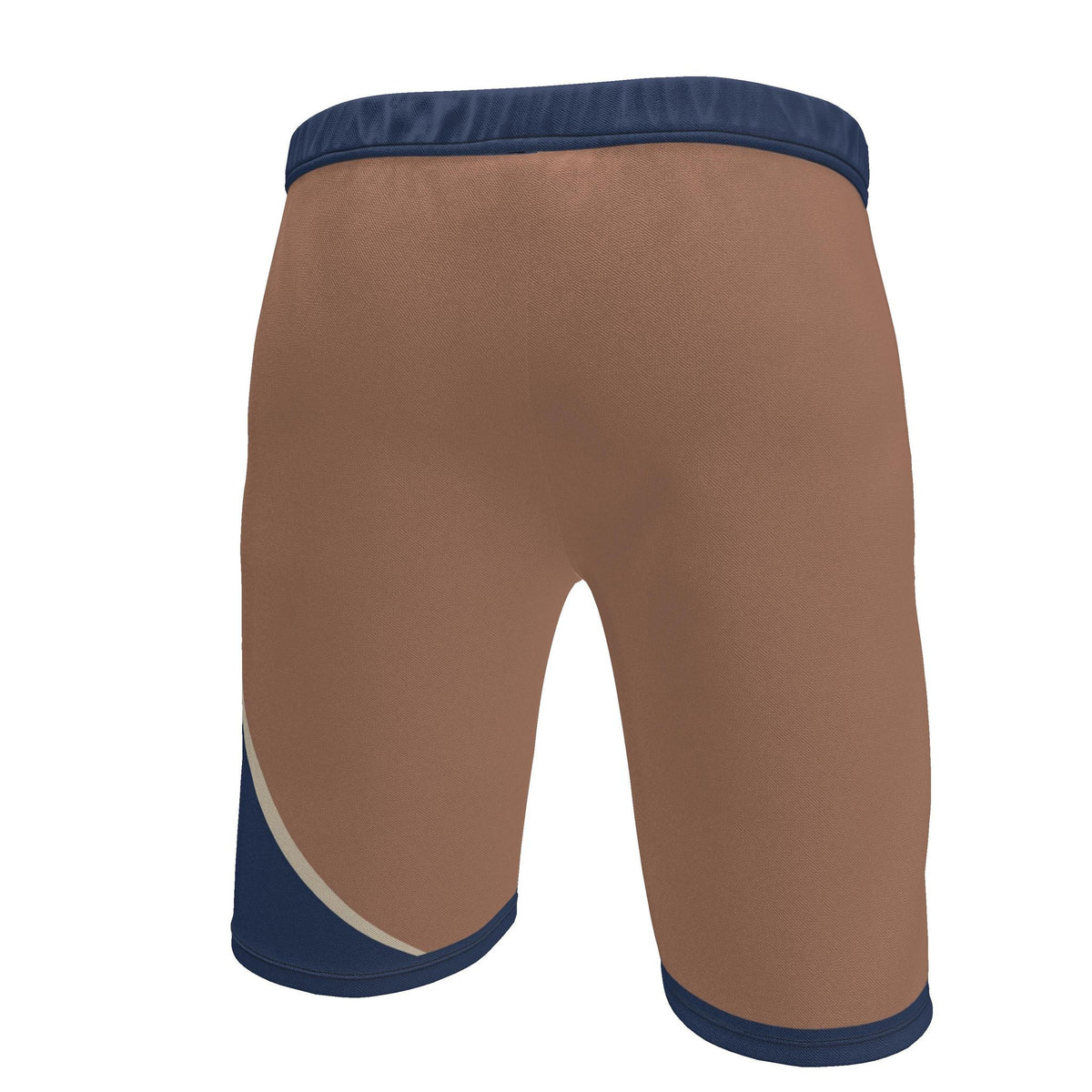 UNIKCOSA Terracotta Indigo Arc men's Ponte Jersey shorts in terracotta, indigo and ivory — original garment preview 5