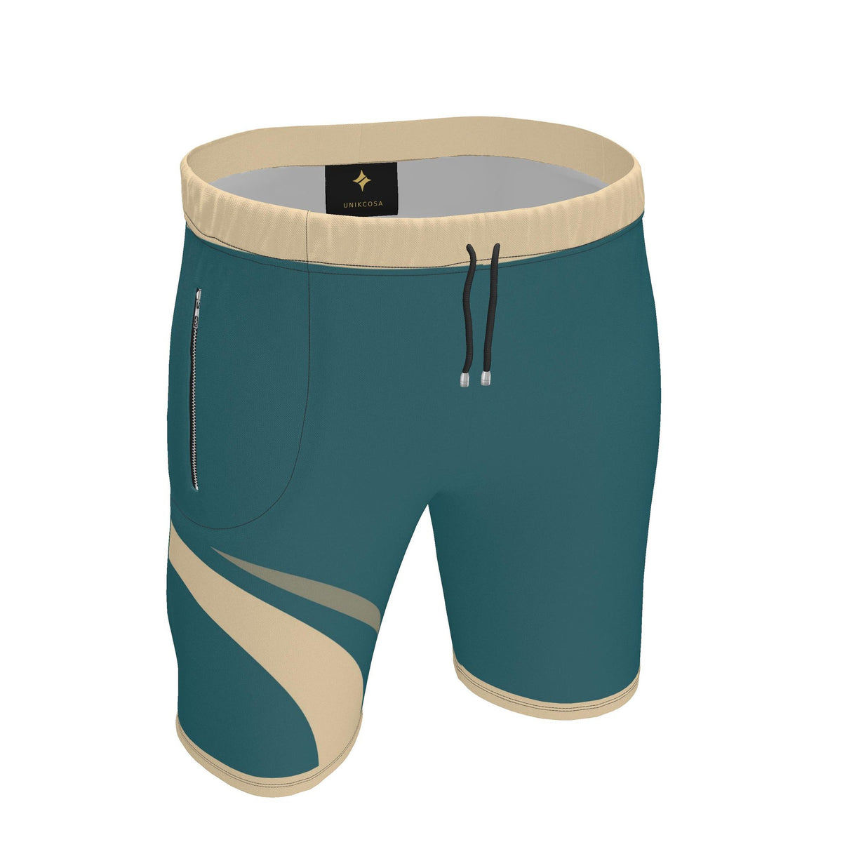 UNIKCOSA Lagoon Dune Flow men's Ponte Jersey shorts in lagoon teal, sand and taupe — original garment preview 1