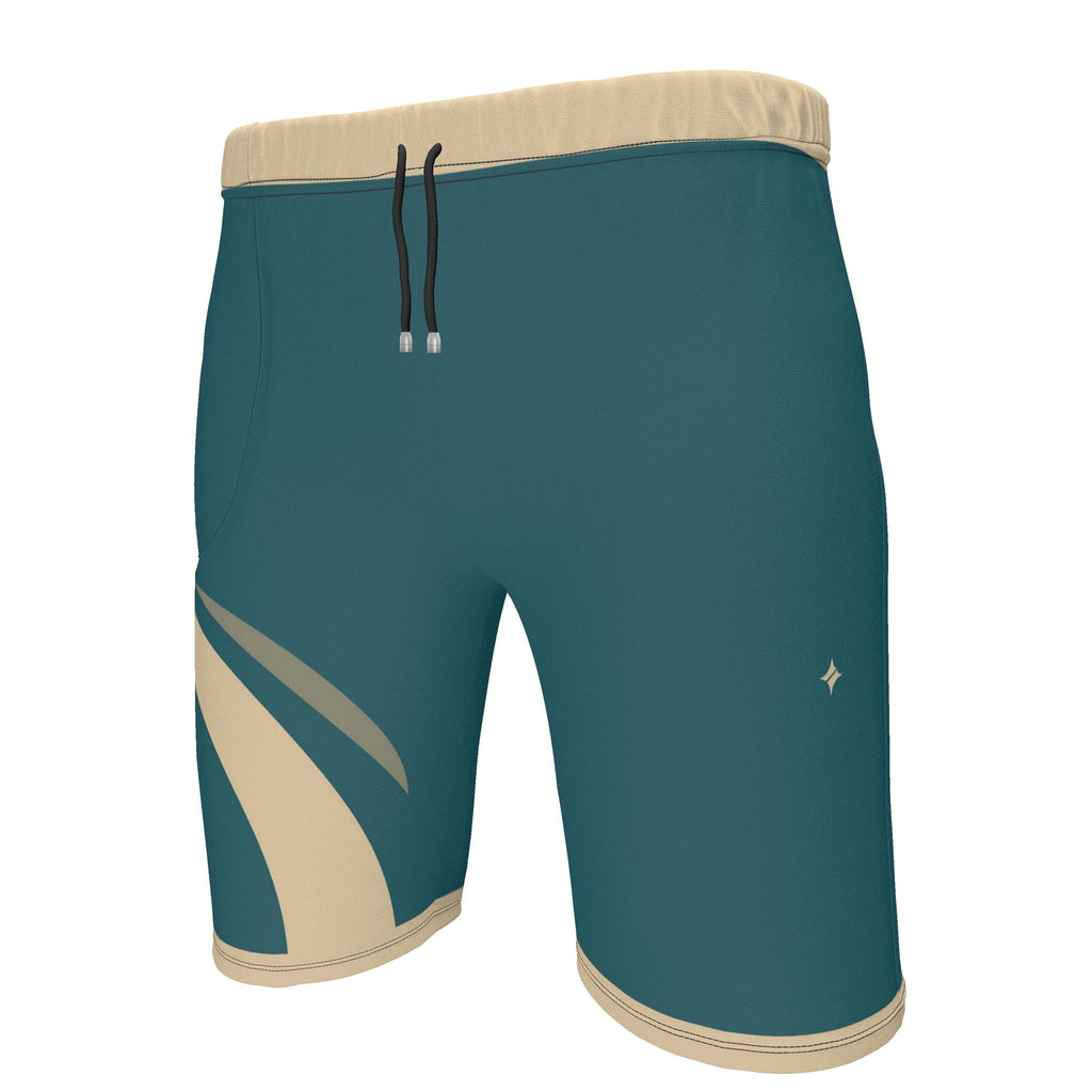 UNIKCOSA Lagoon Dune Flow men's Ponte Jersey shorts in lagoon teal, sand and taupe — original garment preview 2
