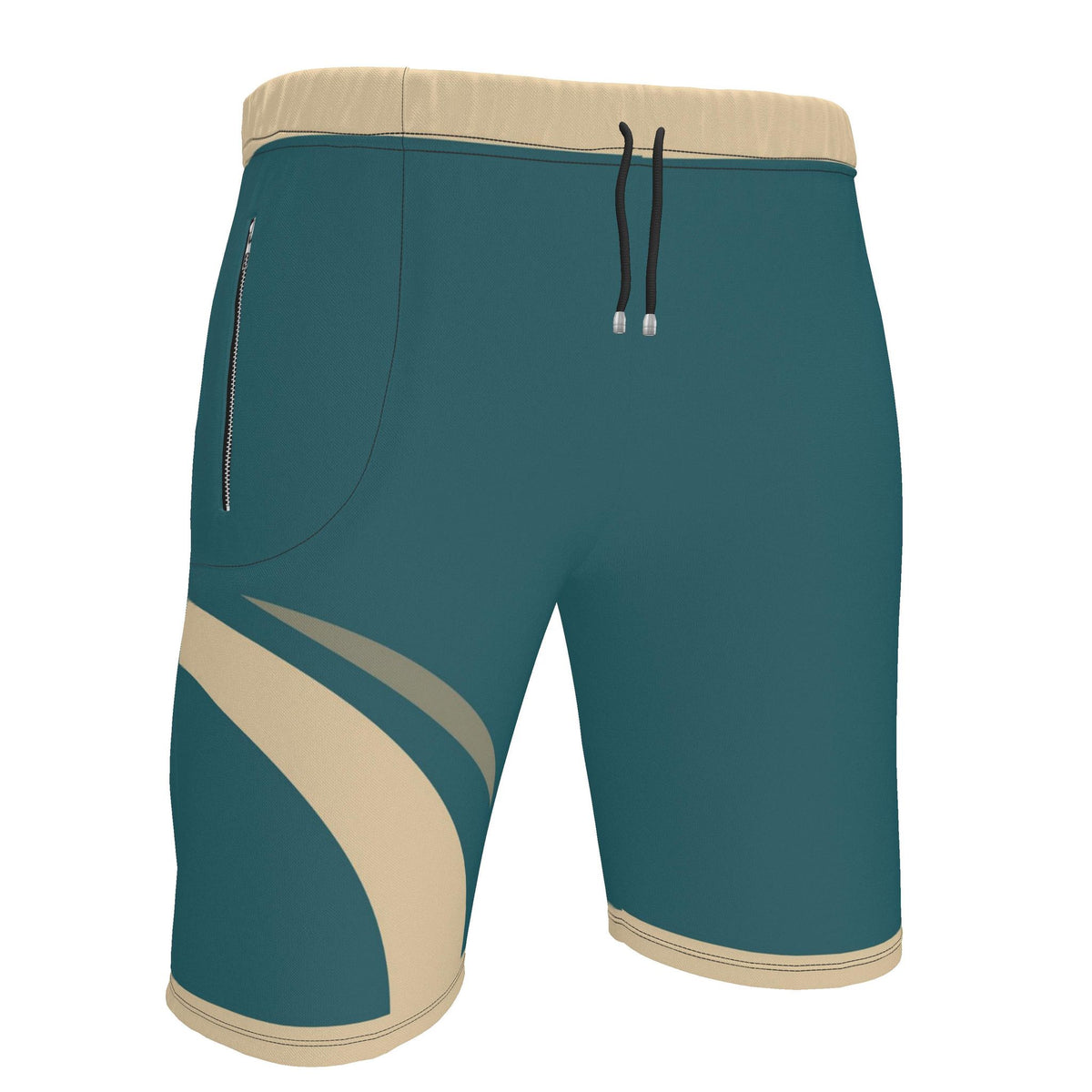 UNIKCOSA Lagoon Dune Flow men's Ponte Jersey shorts in lagoon teal, sand and taupe — original garment preview 3