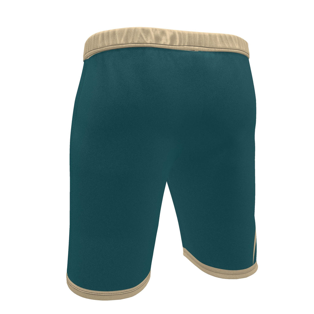 UNIKCOSA Lagoon Dune Flow men's Ponte Jersey shorts in lagoon teal, sand and taupe — original garment preview 4