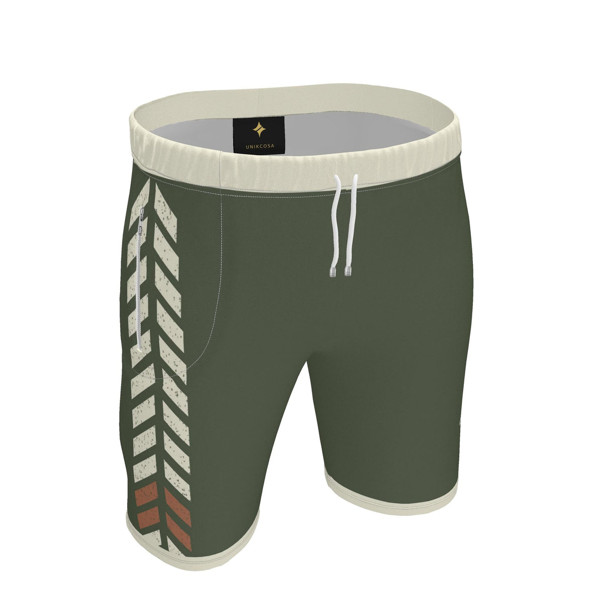 UNIKCOSA Olive Trail Chevron men's Ponte Jersey shorts in olive green, ivory and rust — original garment preview 1