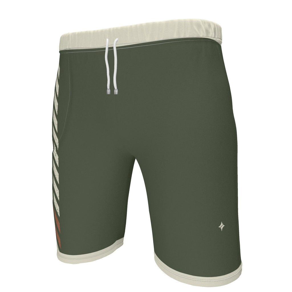 UNIKCOSA Olive Trail Chevron men's Ponte Jersey shorts in olive green, ivory and rust — original garment preview 2