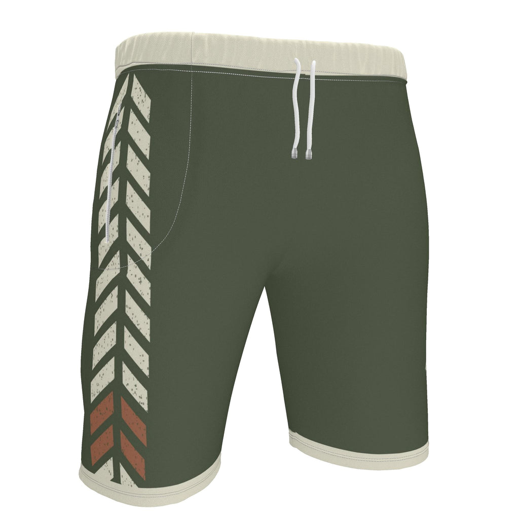 UNIKCOSA Olive Trail Chevron men's Ponte Jersey shorts in olive green, ivory and rust — original garment preview 3