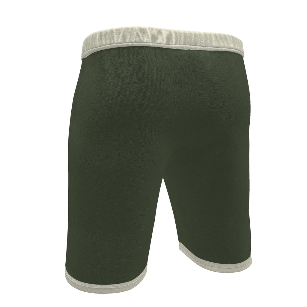UNIKCOSA Olive Trail Chevron men's Ponte Jersey shorts in olive green, ivory and rust — original garment preview 4