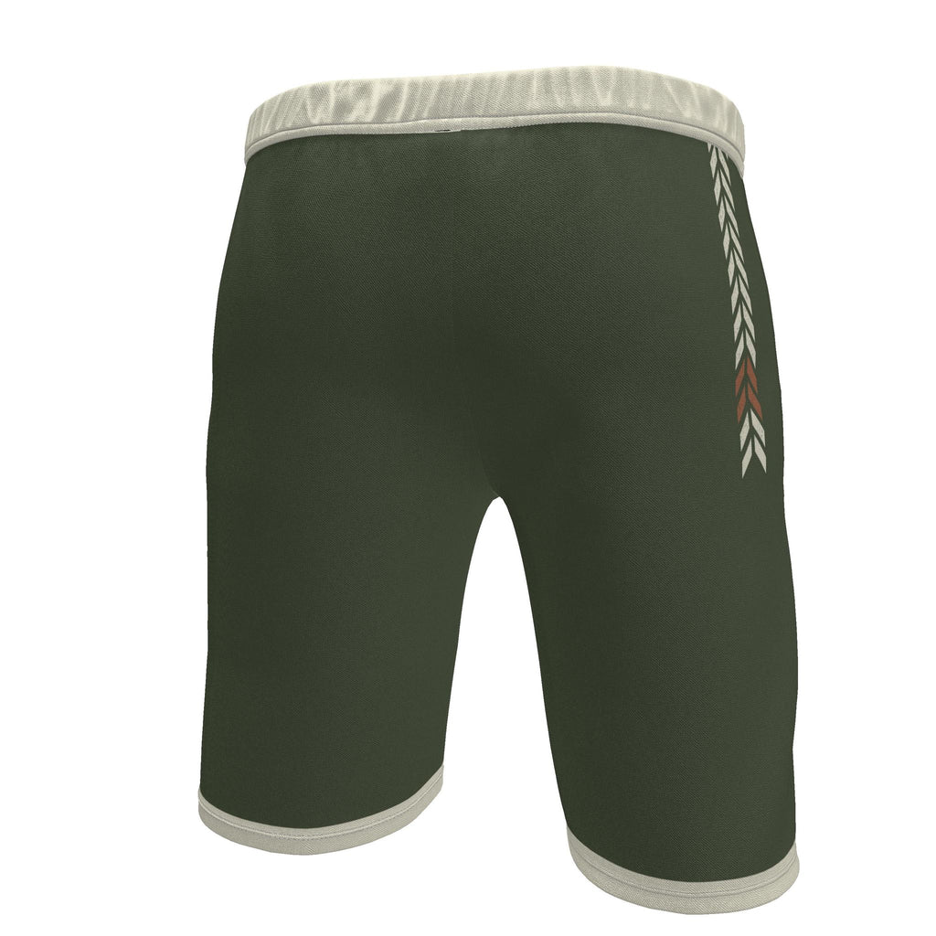 UNIKCOSA Olive Trail Chevron men's Ponte Jersey shorts in olive green, ivory and rust — original garment preview 5