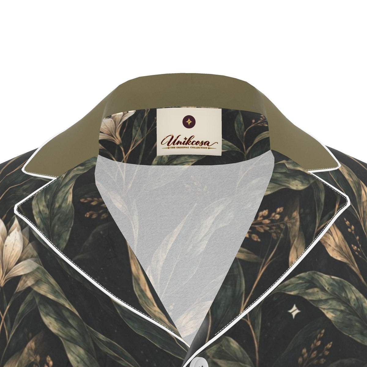 Obsidian Botanic Luxury Pajama Shirt — original supplier collar detail view