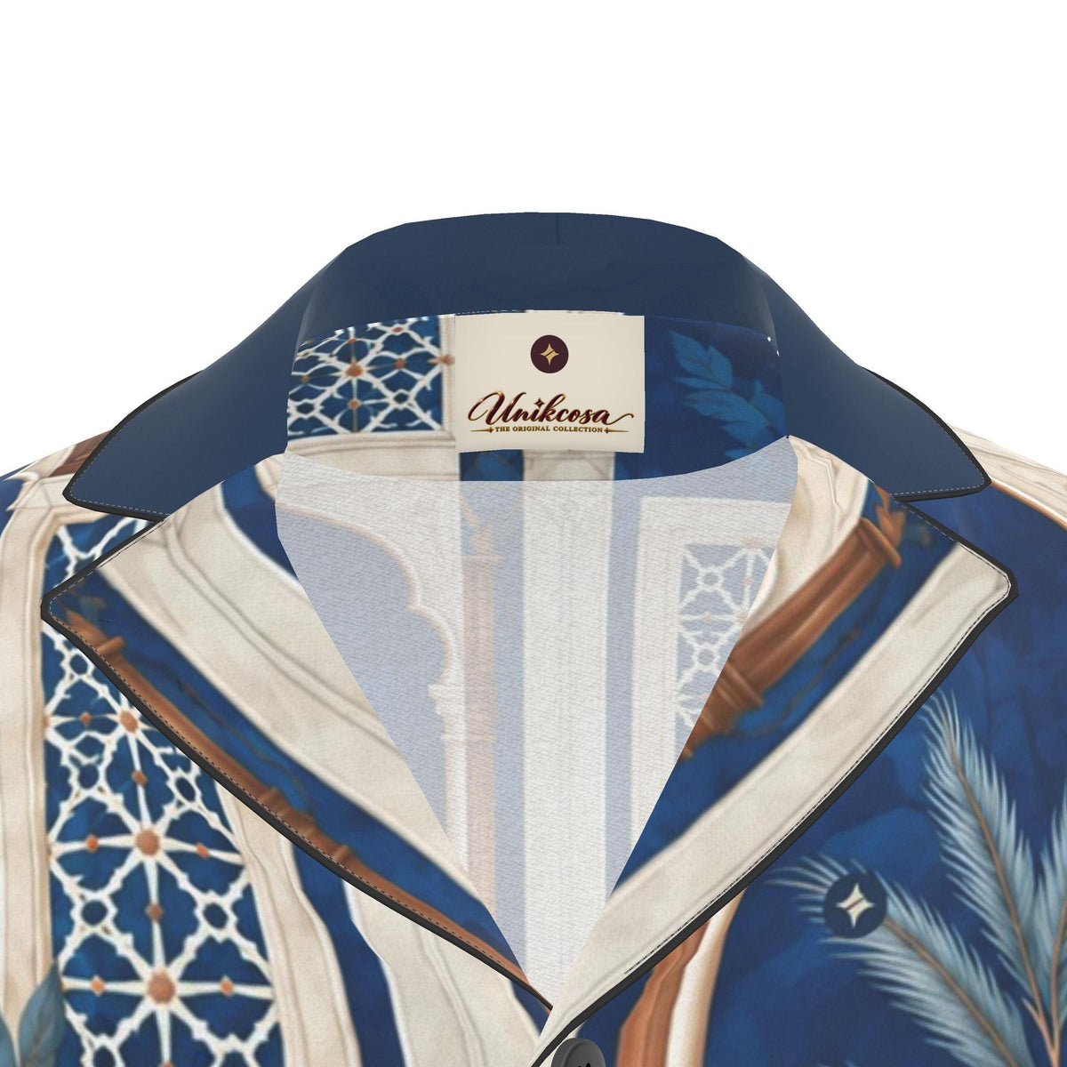 Cobalt Pavilion Luxury Pajama Shirt — original supplier collar detail view