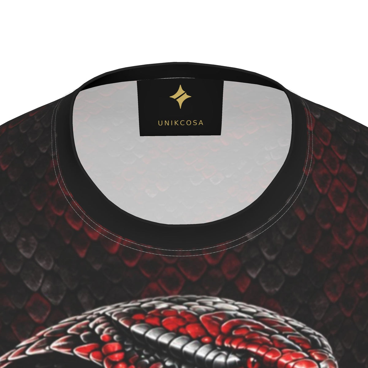 Cobra Elite Luxury Long Sleeve T-Shirt by UNIKCOSA, final garment neckline close-up view