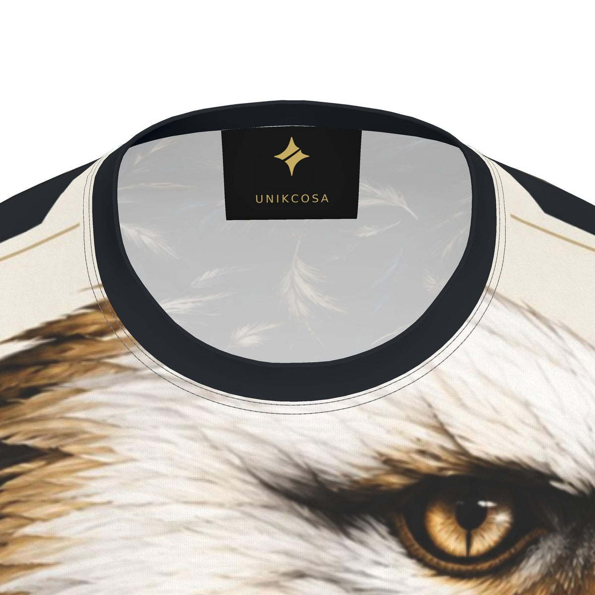 Ivory Eagle Luxury Long Sleeve T-Shirt by UNIKCOSA, final garment neckline close-up view