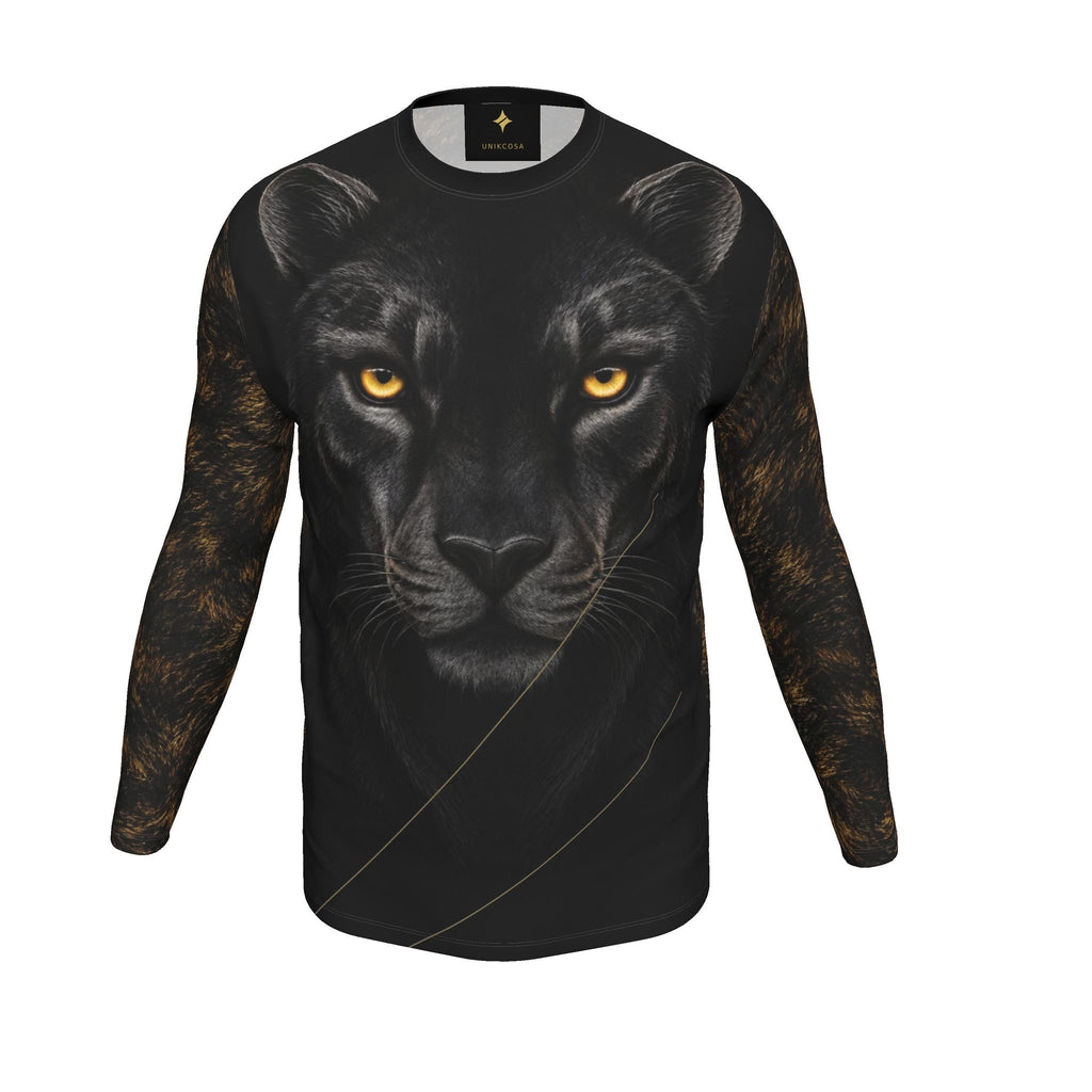 Golden Panther Linework Luxury Long Sleeve T-Shirt by UNIKCOSA, final garment front three-quarter view