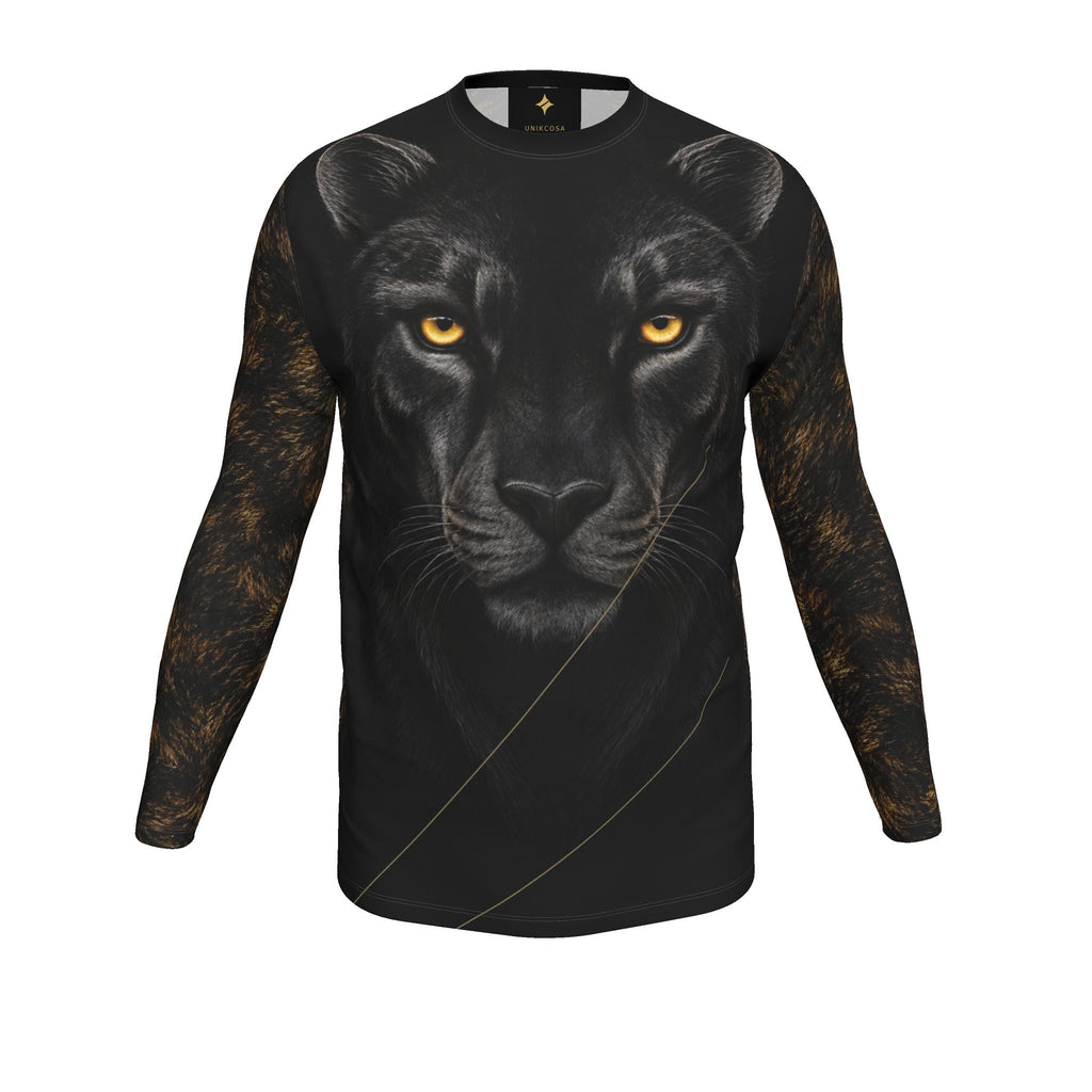 Golden Panther Linework Luxury Long Sleeve T-Shirt by UNIKCOSA, final garment front view