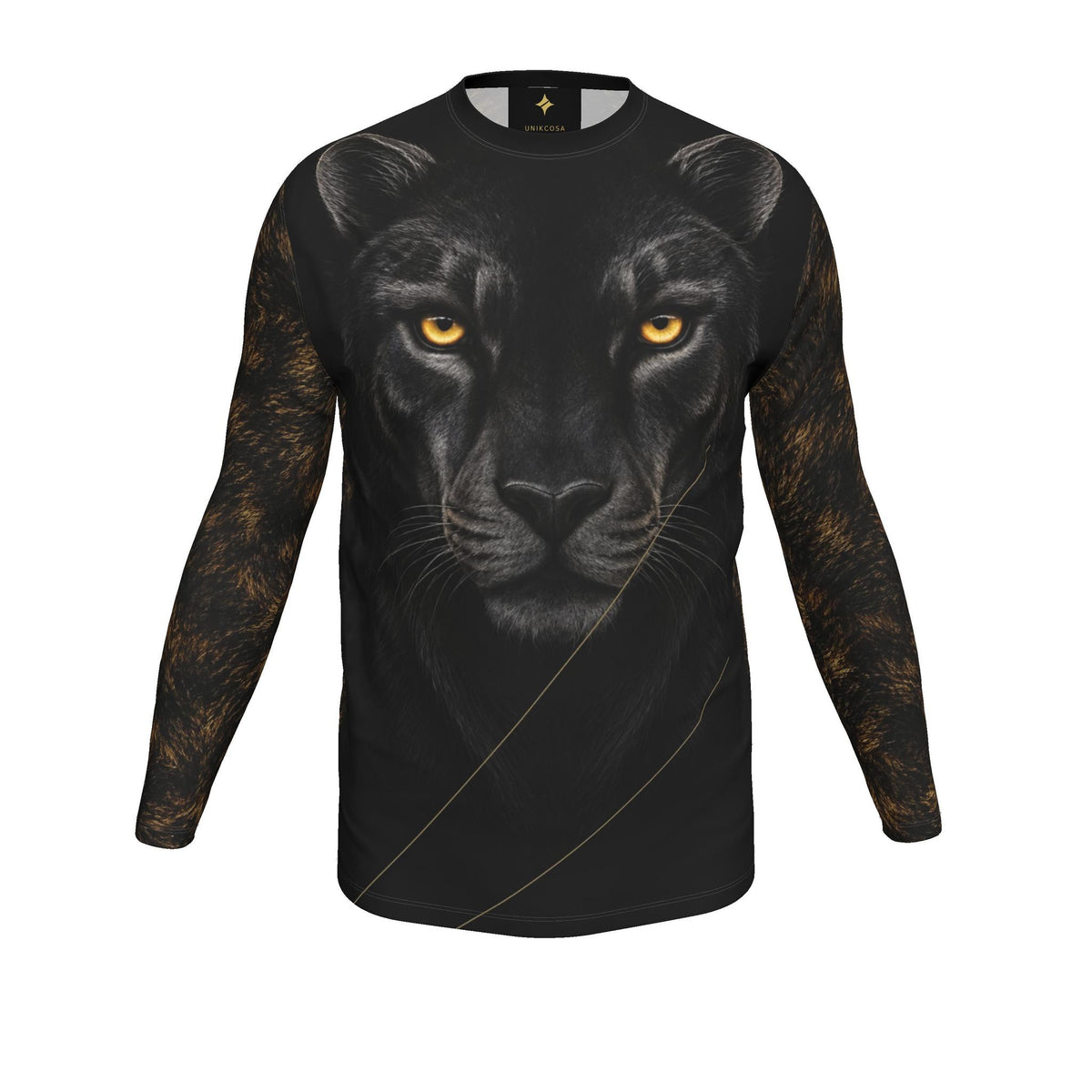 Golden Panther Linework Luxury Long Sleeve T-Shirt by UNIKCOSA, final garment front view