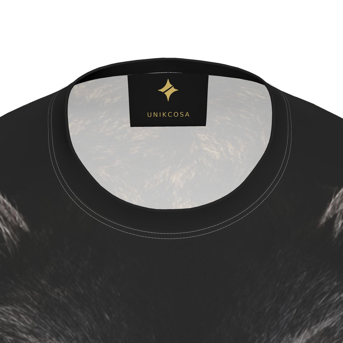 Golden Panther Linework Luxury Long Sleeve T-Shirt by UNIKCOSA, final garment neckline close-up view