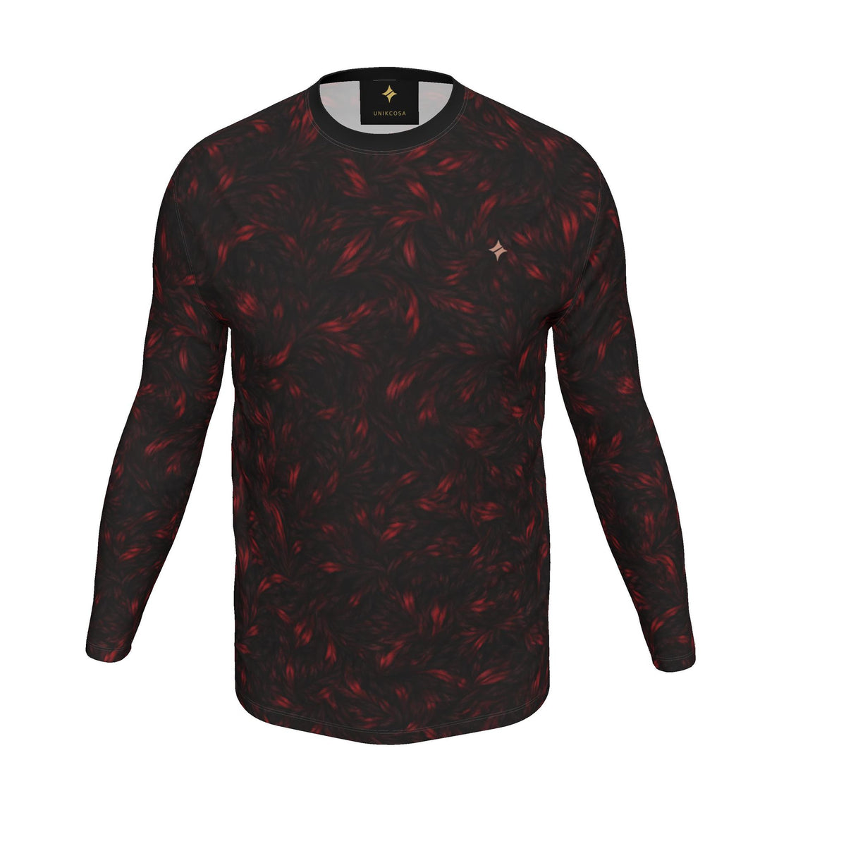 Crimson Frame Luxury Long Sleeve T-Shirt by UNIKCOSA, final garment front three-quarter view