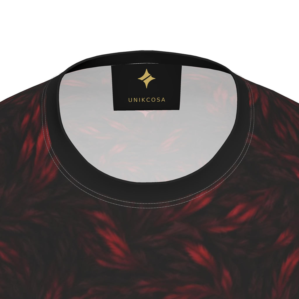 Crimson Frame Luxury Long Sleeve T-Shirt by UNIKCOSA, final garment neckline close-up view