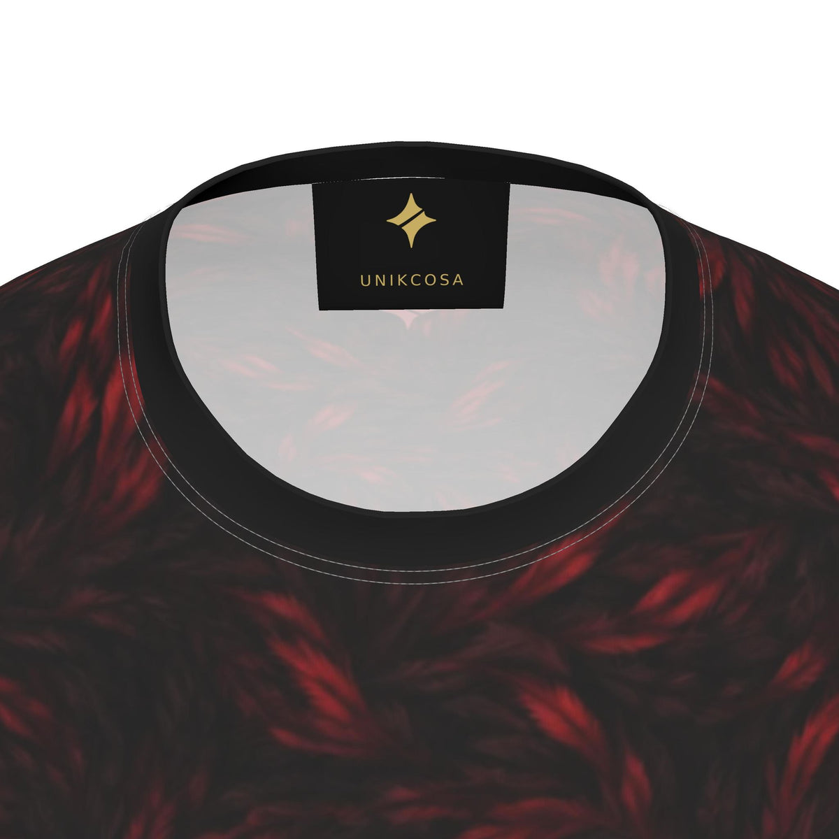 Crimson Frame Luxury Long Sleeve T-Shirt by UNIKCOSA, final garment neckline close-up view