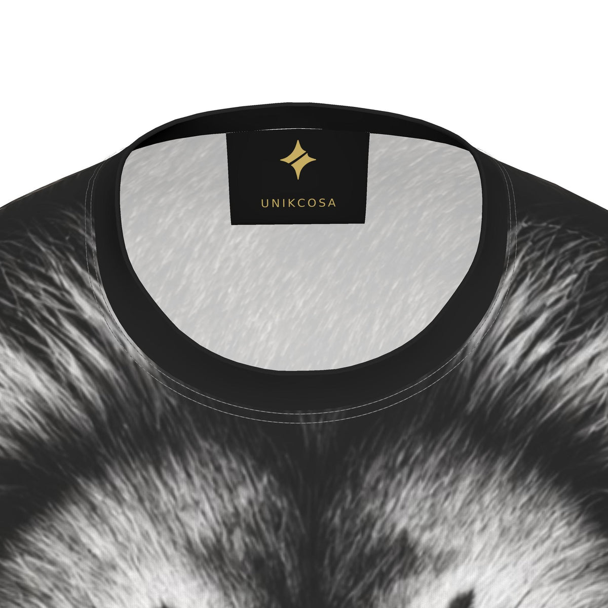 Silver Lion Luxury Long Sleeve T-Shirt by UNIKCOSA, final garment neckline close-up view