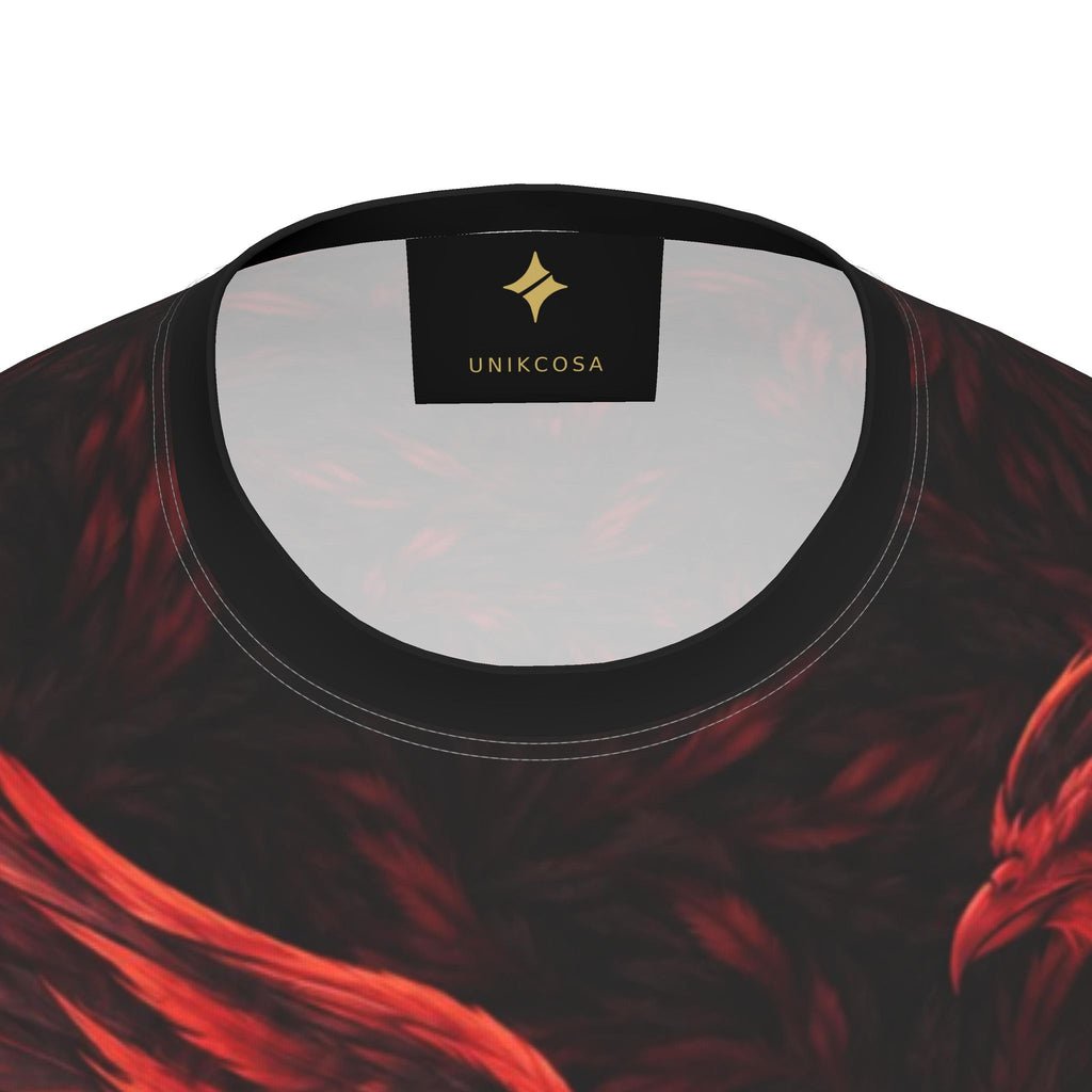 Fire Phoenix Luxury Long Sleeve T-Shirt by UNIKCOSA, final garment neckline close-up view
