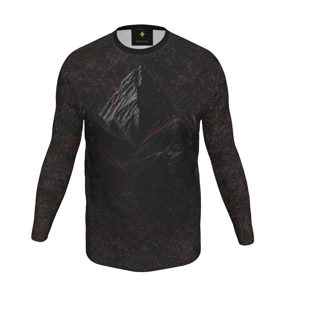 Crimson Ridge Luxury Long Sleeve T-Shirt by UNIKCOSA, final garment front three-quarter view